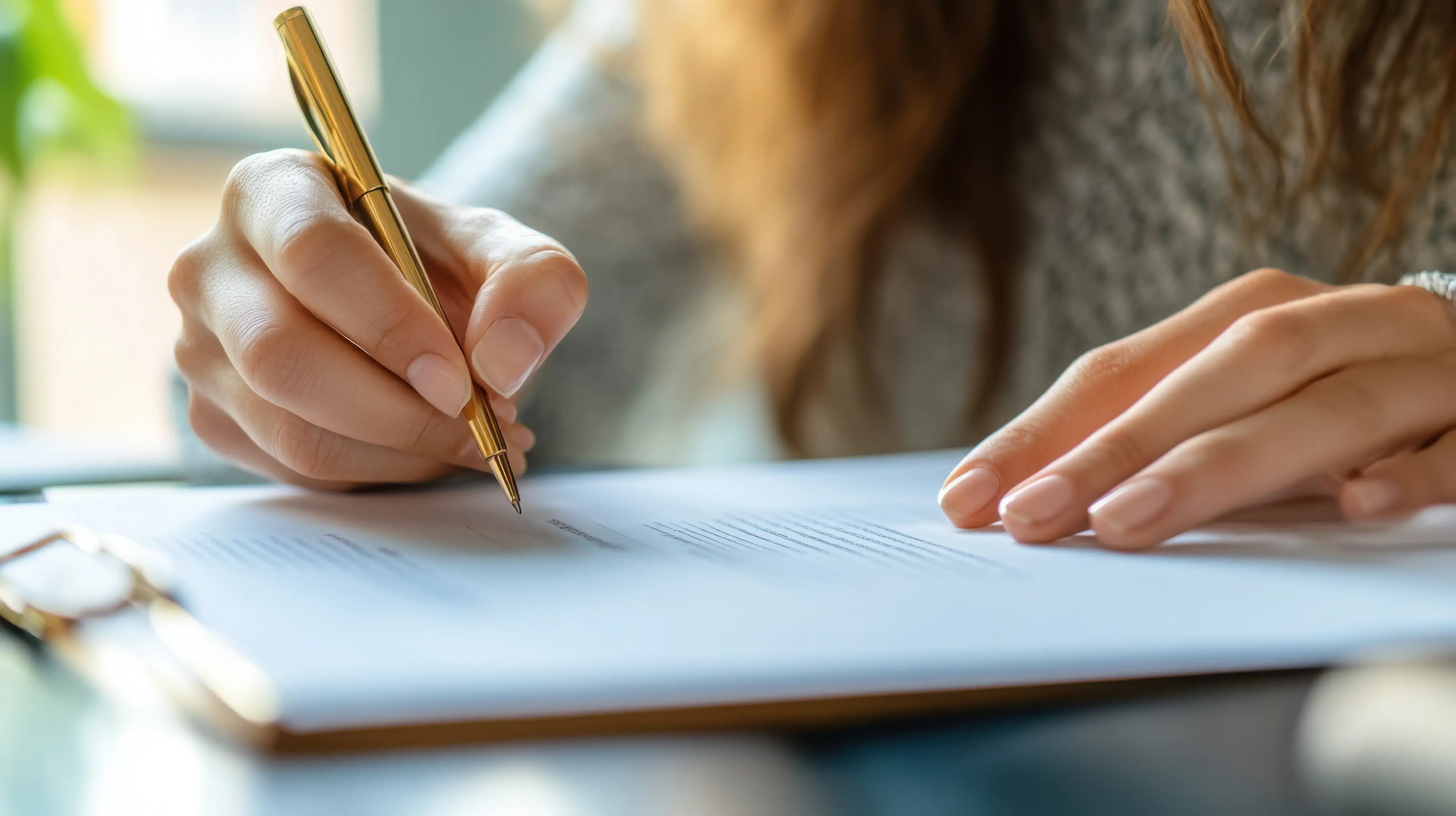 Close-up of a person writing on a document with a gold pen, holding a clipboard, with focus on hands and paperwork.