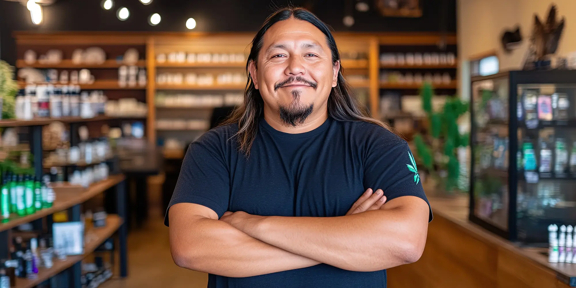 Confident dispensary employee with long hair and a goatee standing with arms crossed, smiling inside a cannabis retail store lined with products and shelves.