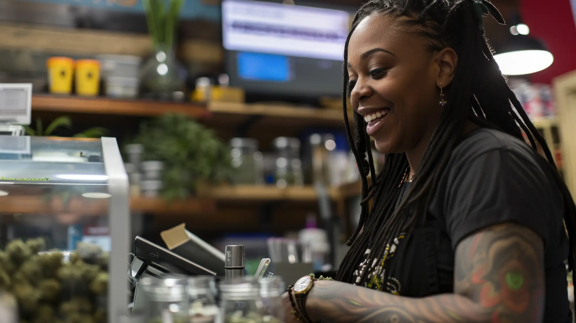 A smiling dispensary employee with long braided hair and tattooed arms assists a customer at a cannabis retail counter, surrounded by jars of product and a display case.