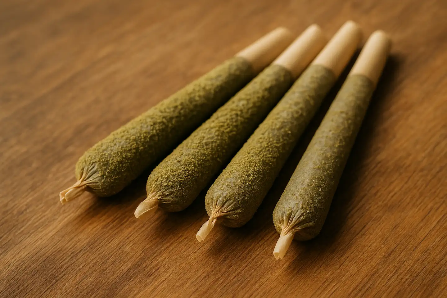 A close-up of four infused cannabis pre-rolls lying side by side on a wood grain background, each rolled in a layer of green kief with twisted tips and crutch filters.